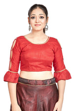Thumbnail for Aastha Fashion Red Art Silk Round Neck Sleeve Button Design Readymade Blouse