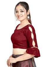 Thumbnail for Aastha Fashion Maroon Art Silk Round Neck Sleeve Button Design Readymade Blouse