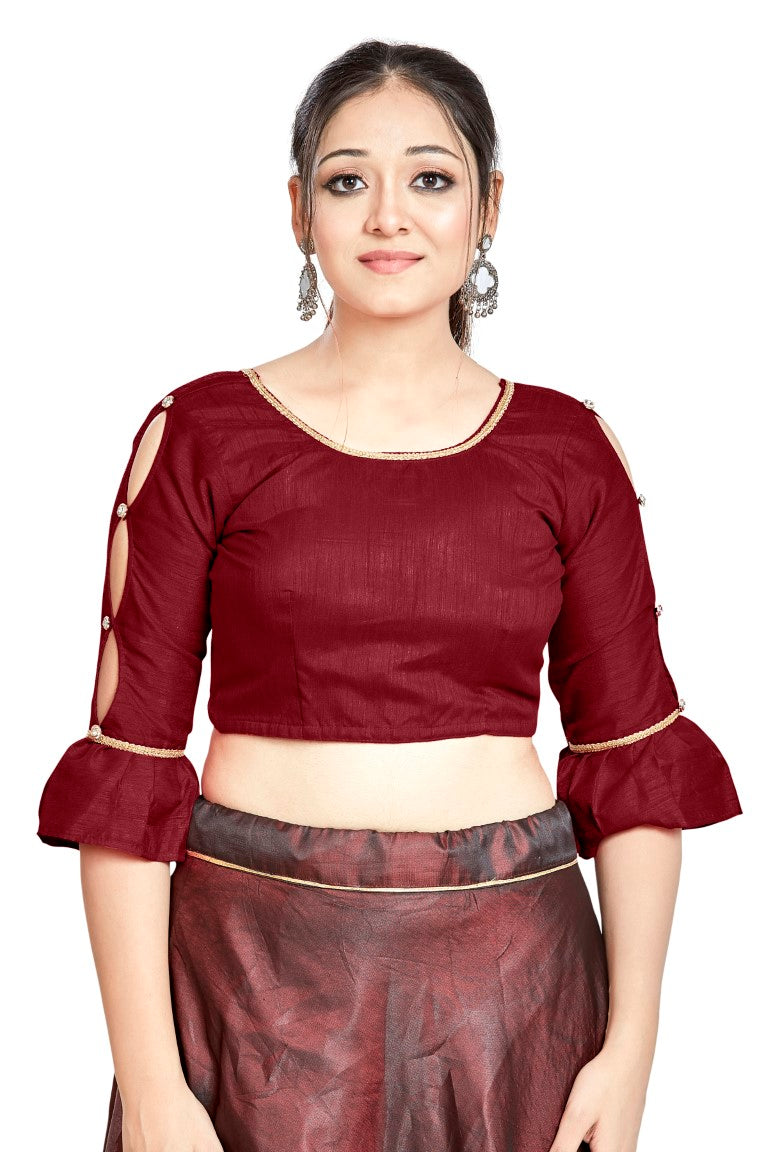 Aastha Fashion Maroon Art Silk Round Neck Sleeve Button Design Readymade Blouse - Distacart