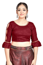 Thumbnail for Aastha Fashion Maroon Art Silk Round Neck Sleeve Button Design Readymade Blouse
