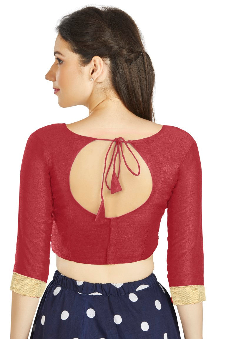 Aastha Fashion Red Art silk U Neck Matty Work In Sleeve Readymade Blouse - Distacart
