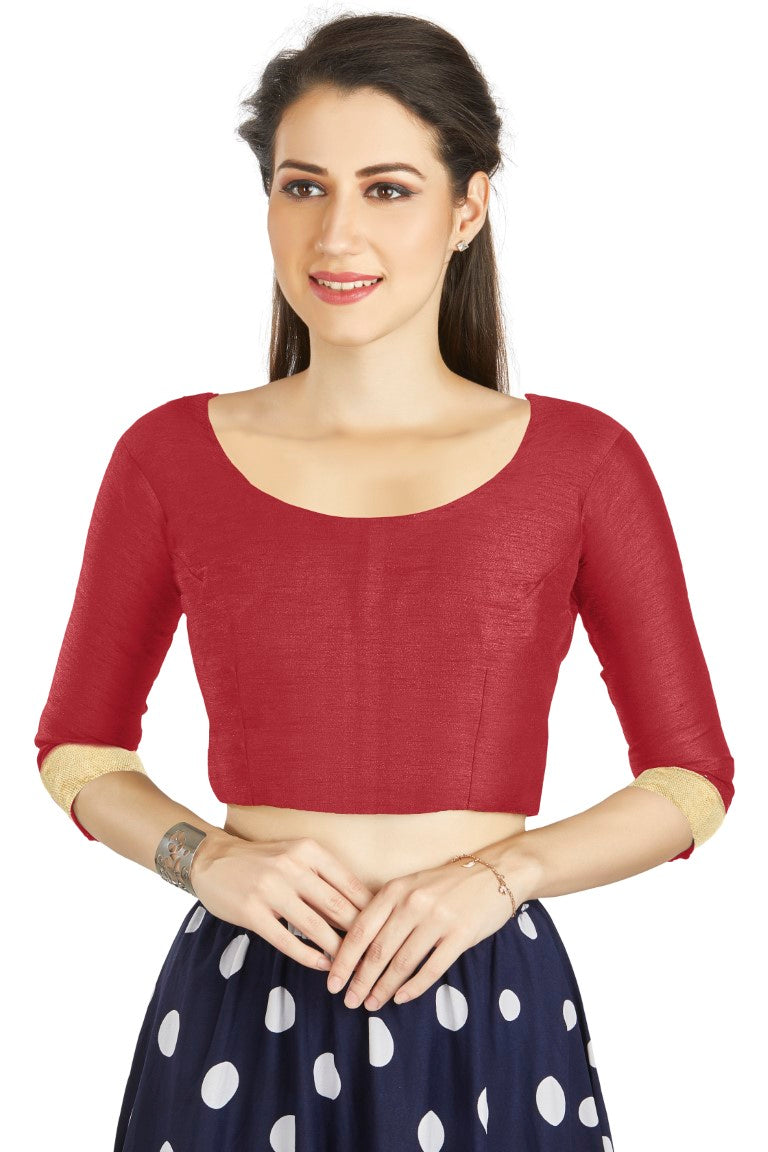 Aastha Fashion Red Art silk U Neck Matty Work In Sleeve Readymade Blouse - Distacart
