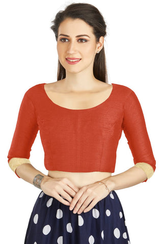 Aastha Fashion Orange Art silk U Neck Matty Work In Sleeve Readymade Blouse