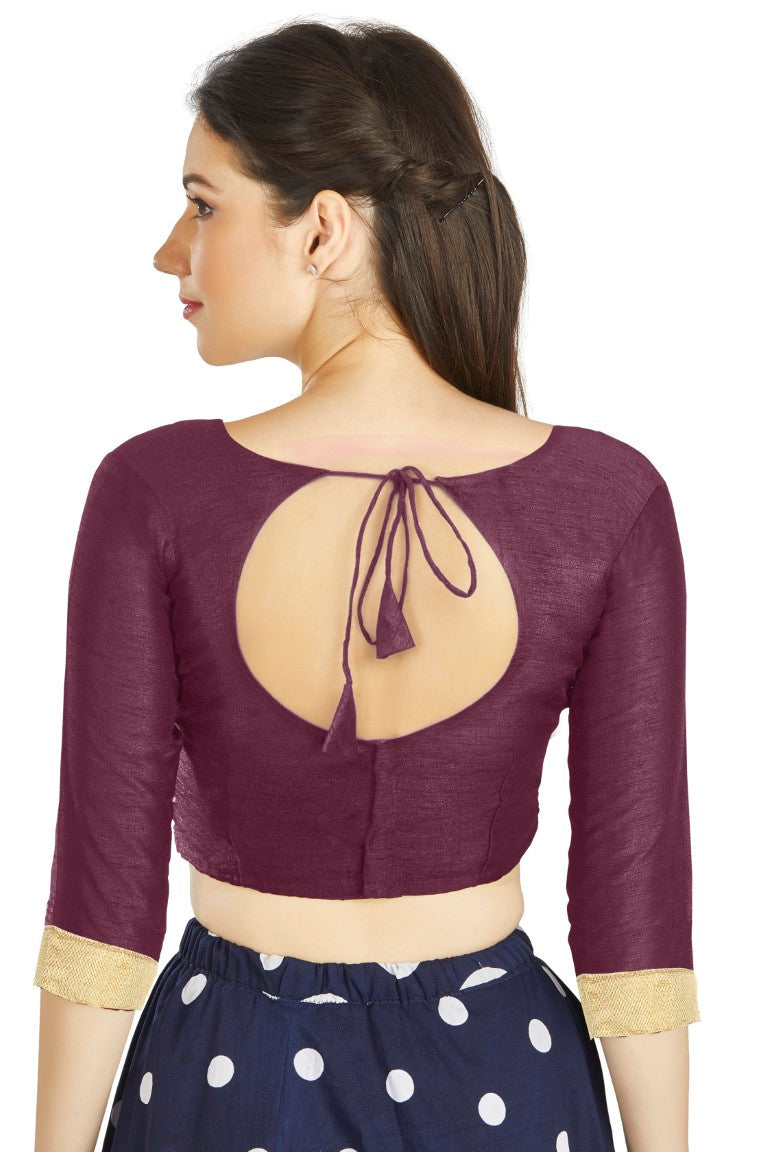 Aastha Fashion Wine Art silk U Neck Matty Work In Sleeve Readymade Blouse - Distacart