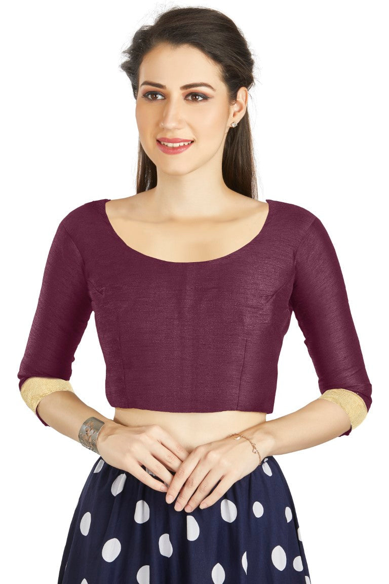 Aastha Fashion Wine Art silk U Neck Matty Work In Sleeve Readymade Blouse - Distacart