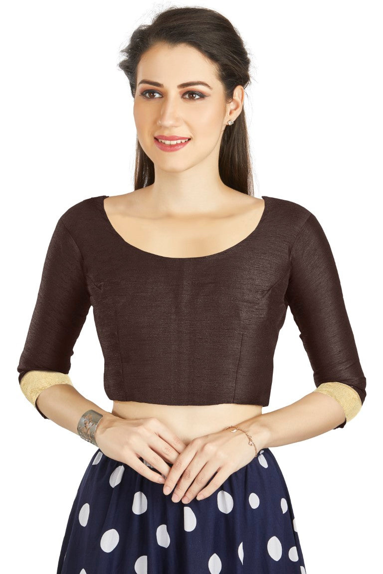 Aastha Fashion Brown Art silk U Neck Matty Work In Sleeve Readymade Blouse - Distacart