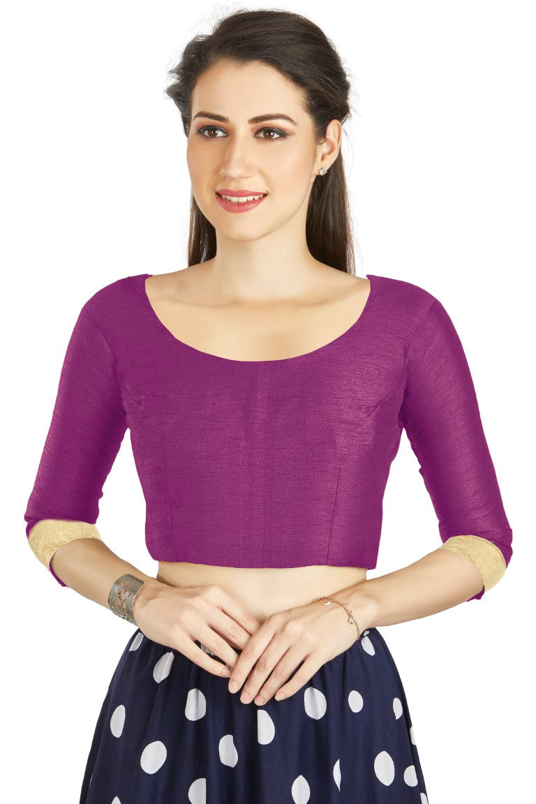Aastha Fashion Purple Art silk U Neck Matty Work In Sleeve Readymade Blouse - Distacart