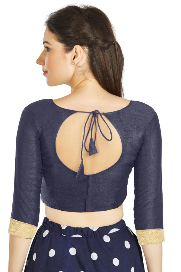Aastha Fashion Navy Blue Art silk U Neck Matty Work In Sleeve Readymade Blouse - Distacart