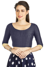 Thumbnail for Aastha Fashion Navy Blue Art silk U Neck Matty Work In Sleeve Readymade Blouse - Distacart