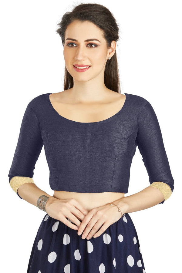 Aastha Fashion Navy Blue Art silk U Neck Matty Work In Sleeve Readymade Blouse - Distacart