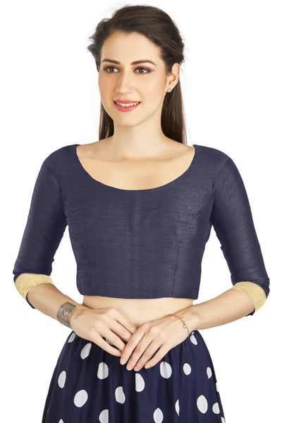 Aastha Fashion Navy Blue Art silk U Neck Matty Work In Sleeve Readymade Blouse - Distacart