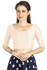Thumbnail for Aastha Fashion Off White Art silk U Neck Matty Work In Sleeve Readymade Blouse