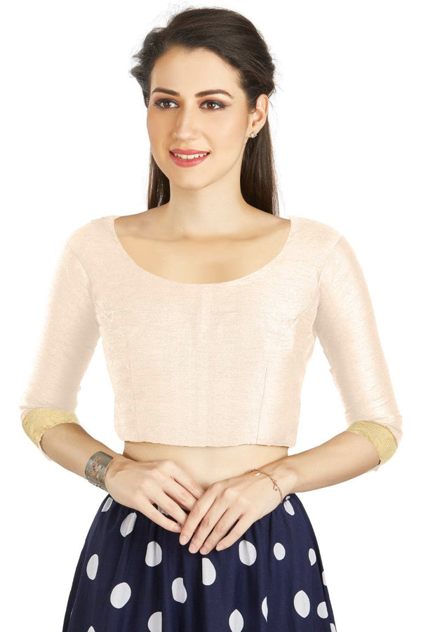Aastha Fashion Off White Art silk U Neck Matty Work In Sleeve Readymade Blouse