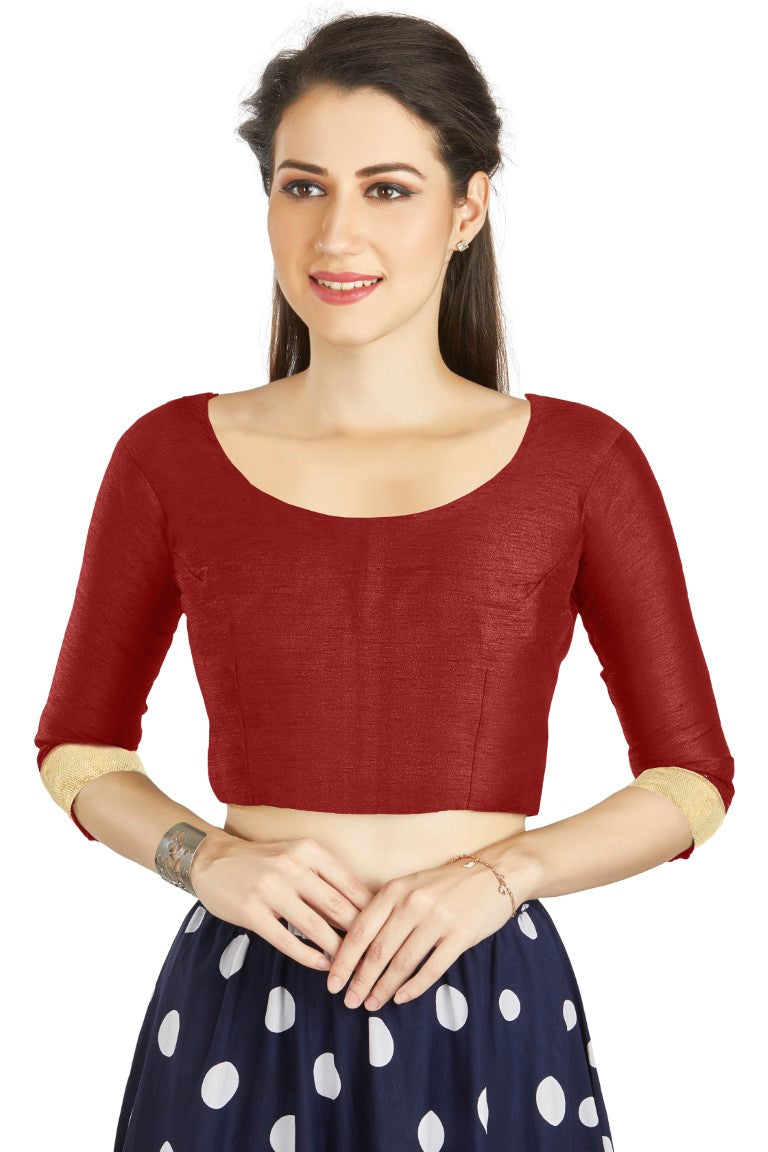 Aastha Fashion Maroon Art silk U Neck Matty Work In Sleeve Readymade Blouse - Distacart