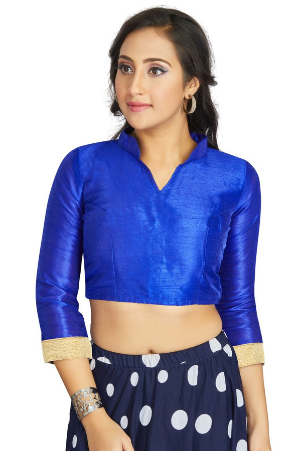 Aastha Fashion Royal Blue Art Silk V Neck Chinese Collar Matty In Sleeve Readymade Blouse - Distacart