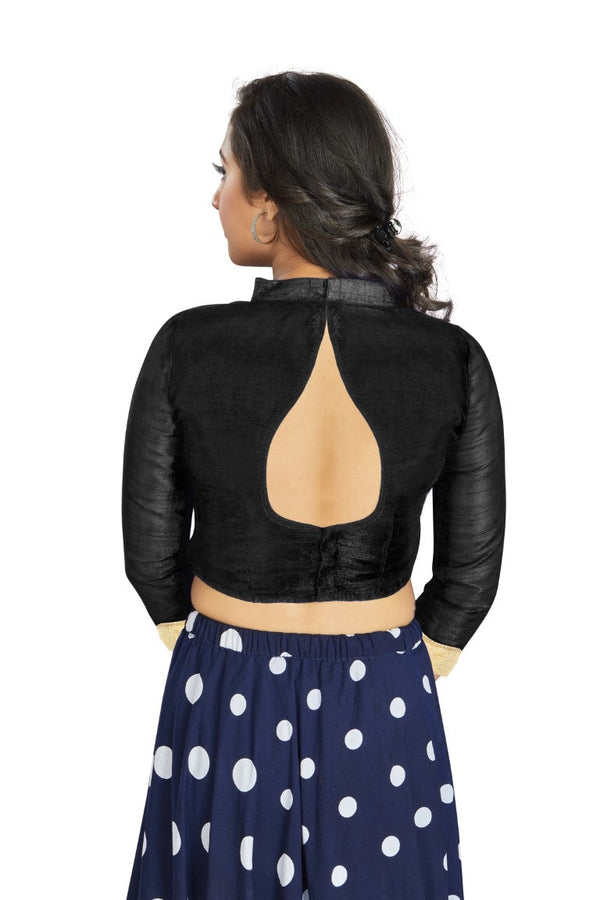 Aastha Fashion Black Art Silk V Neck Chinese Collar Matty In Sleeve Readymade Blouse - Distacart