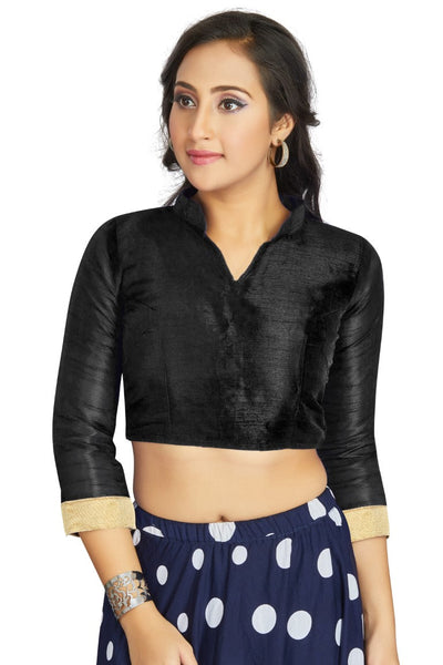 Aastha Fashion Black Art Silk V Neck Chinese Collar Matty In Sleeve Readymade Blouse - Distacart