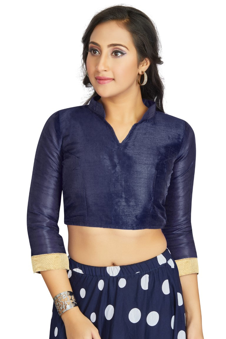 Aastha Fashion Navy Blue Art Silk V Neck Chinese Collar Matty In Sleeve Readymade Blouse - Distacart
