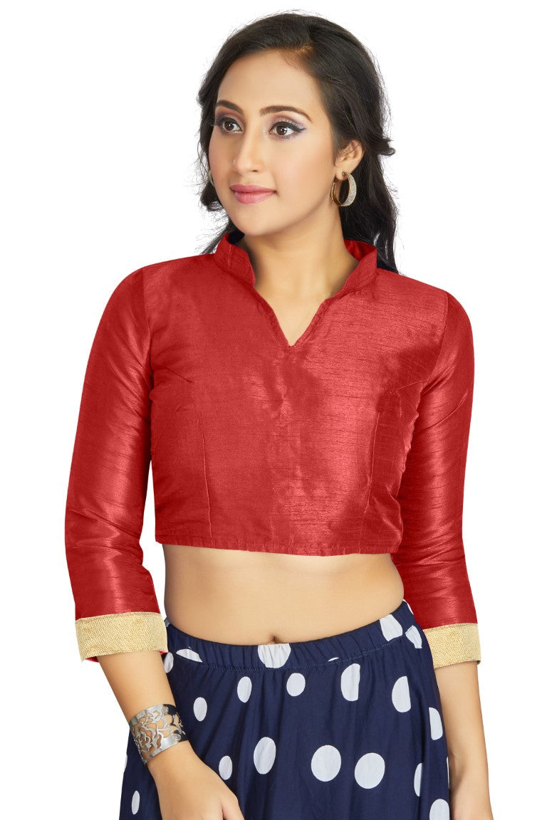 Aastha Fashion Red Art Silk V Neck Chinese Collar Matty In Sleeve Readymade Blouse - Distacart