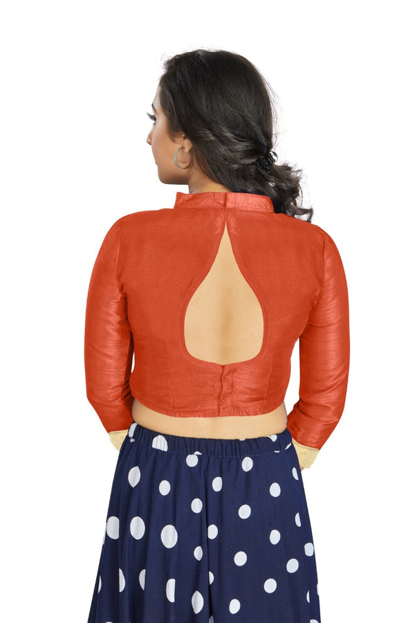 Aastha Fashion Orange Art Silk V Neck Chinese Collar Matty In Sleeve Readymade Blouse - Distacart