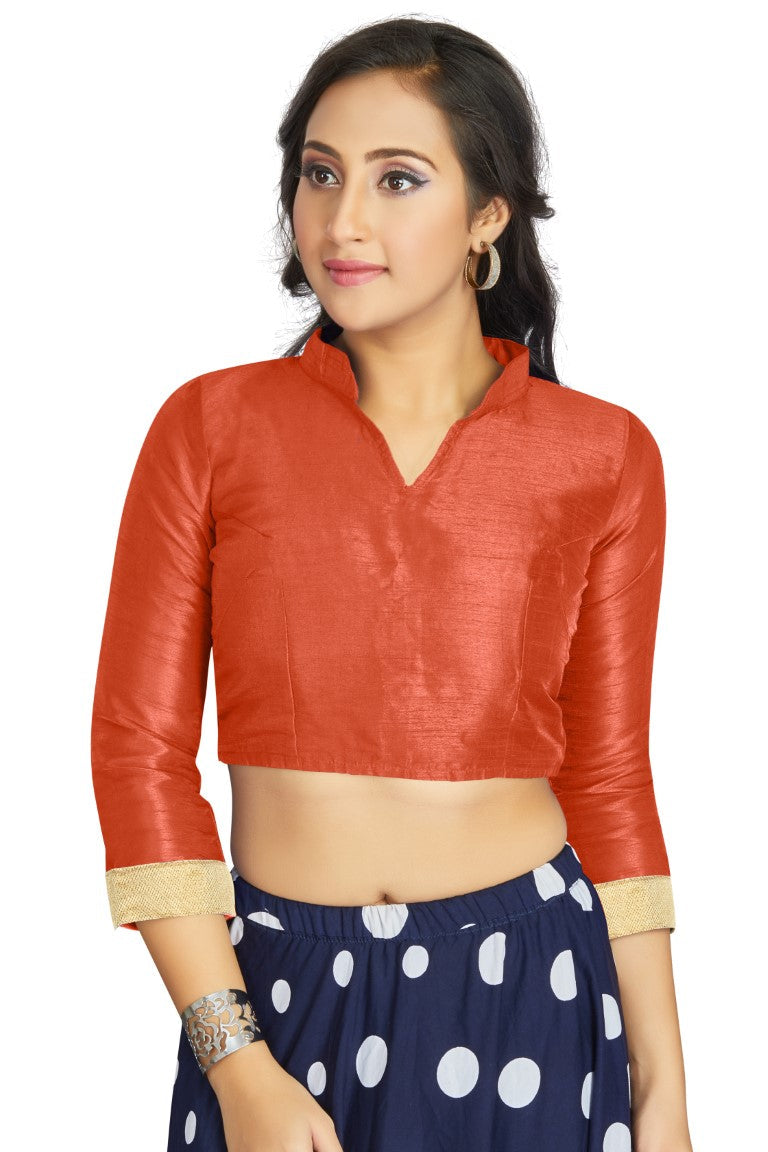 Aastha Fashion Orange Art Silk V Neck Chinese Collar Matty In Sleeve Readymade Blouse - Distacart