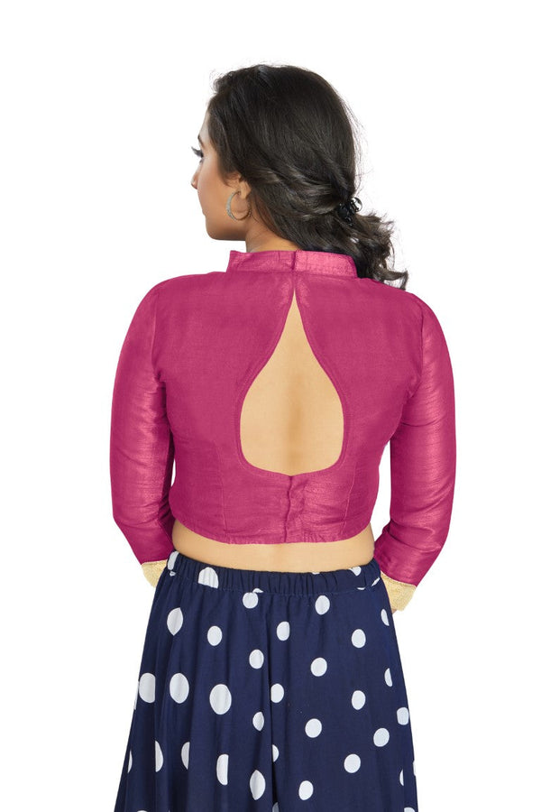Aastha Fashion Pink Art Silk V Neck Chinese Collar Matty In Sleeve Readymade Blouse - Distacart