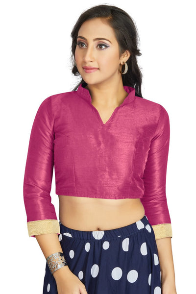 Aastha Fashion Pink Art Silk V Neck Chinese Collar Matty In Sleeve Readymade Blouse - Distacart