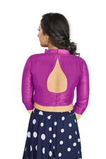 Thumbnail for Aastha Fashion Purple Art Silk V Neck Chinese Collar Matty In Sleeve Readymade Blouse - Distacart