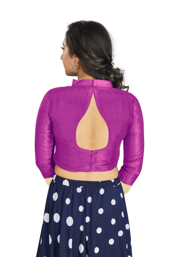 Aastha Fashion Purple Art Silk V Neck Chinese Collar Matty In Sleeve Readymade Blouse - Distacart