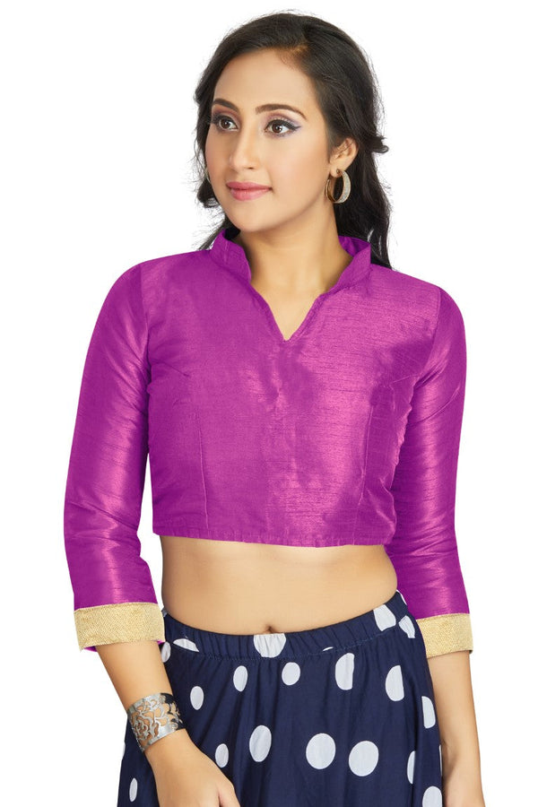 Aastha Fashion Purple Art Silk V Neck Chinese Collar Matty In Sleeve Readymade Blouse - Distacart