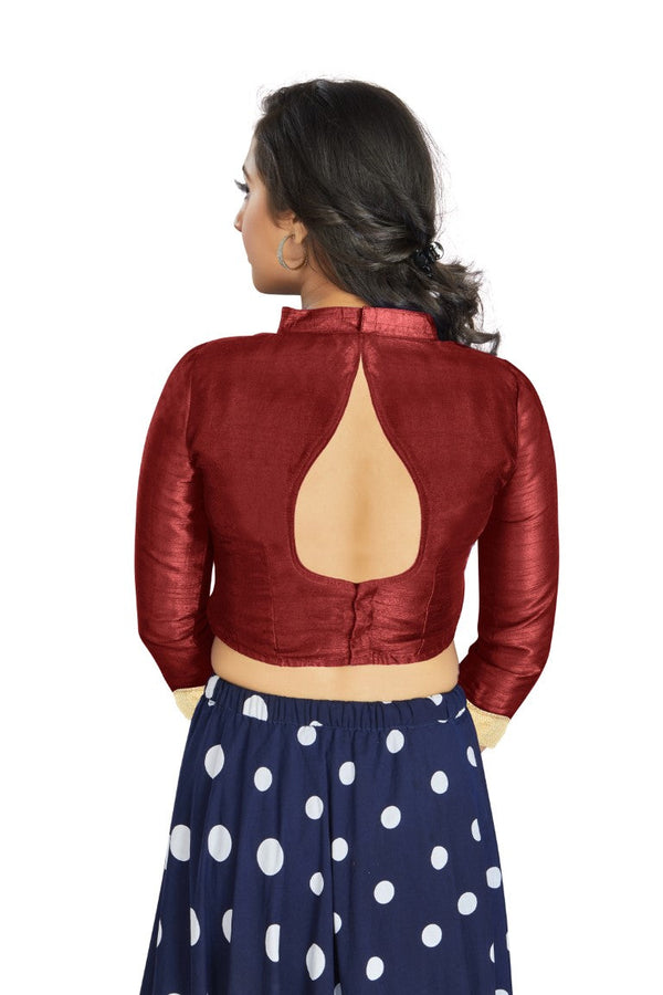 Aastha Fashion Maroon Art Silk V Neck Chinese Collar Matty In Sleeve Readymade Blouse - Distacart