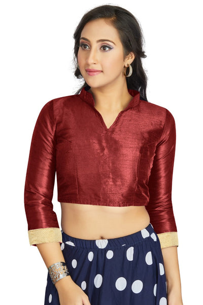 Aastha Fashion Maroon Art Silk V Neck Chinese Collar Matty In Sleeve Readymade Blouse - Distacart