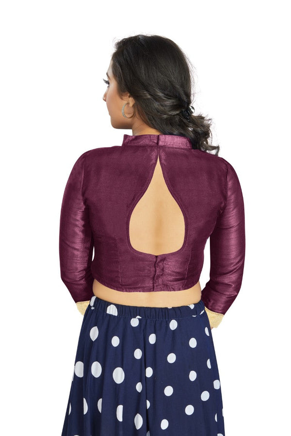 Aastha Fashion Dark Purple Art Silk V Neck Chinese Collar Matty In Sleeve Readymade Blouse - Distacart