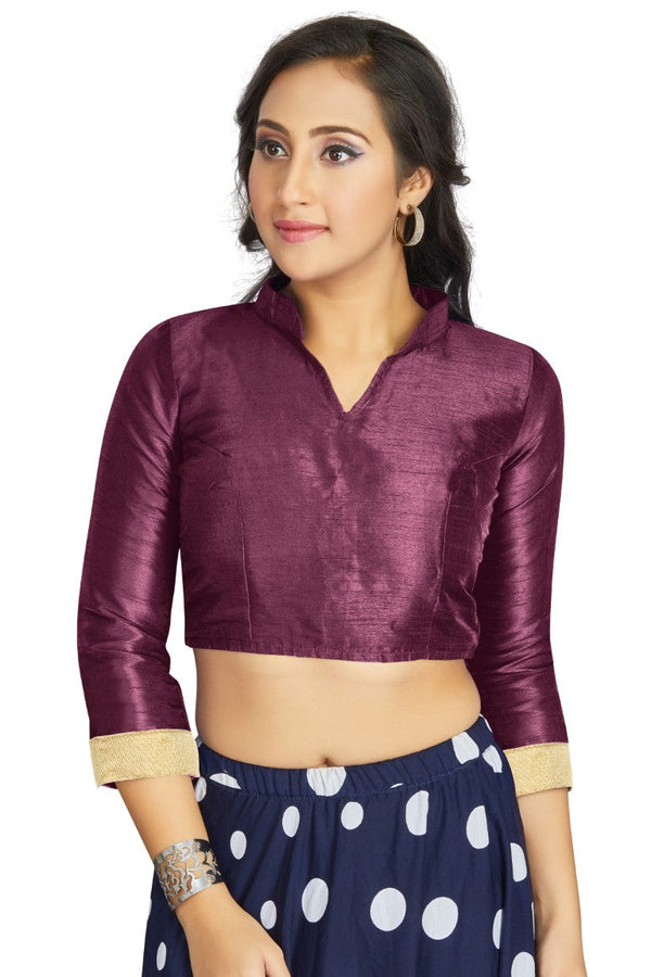 Aastha Fashion Dark Purple Art Silk V Neck Chinese Collar Matty In Sleeve Readymade Blouse - Distacart