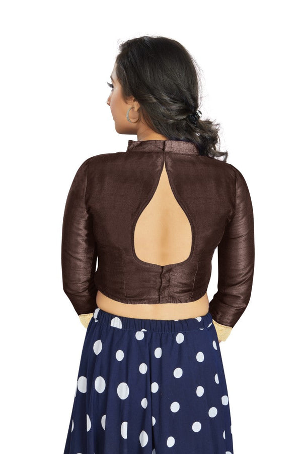 Aastha Fashion Brown Art Silk V Neck Chinese Collar Matty In Sleeve Readymade Blouse - Distacart