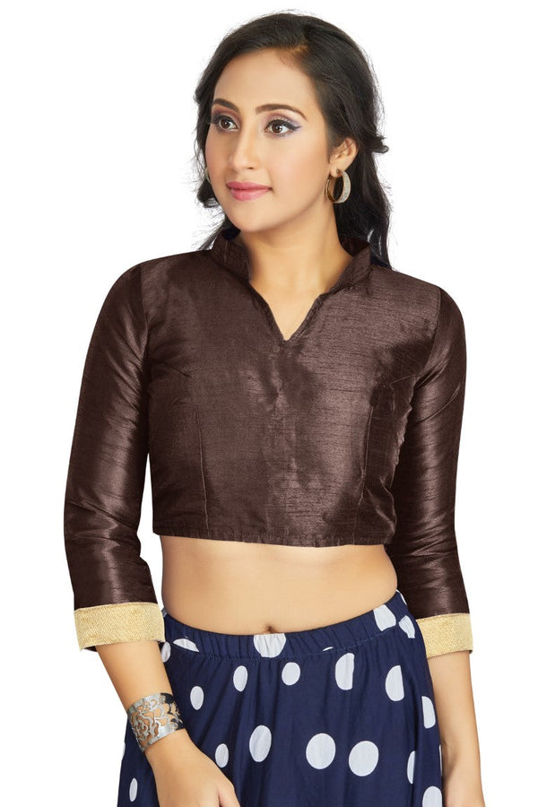 Aastha Fashion Brown Art Silk V Neck Chinese Collar Matty In Sleeve Readymade Blouse - Distacart