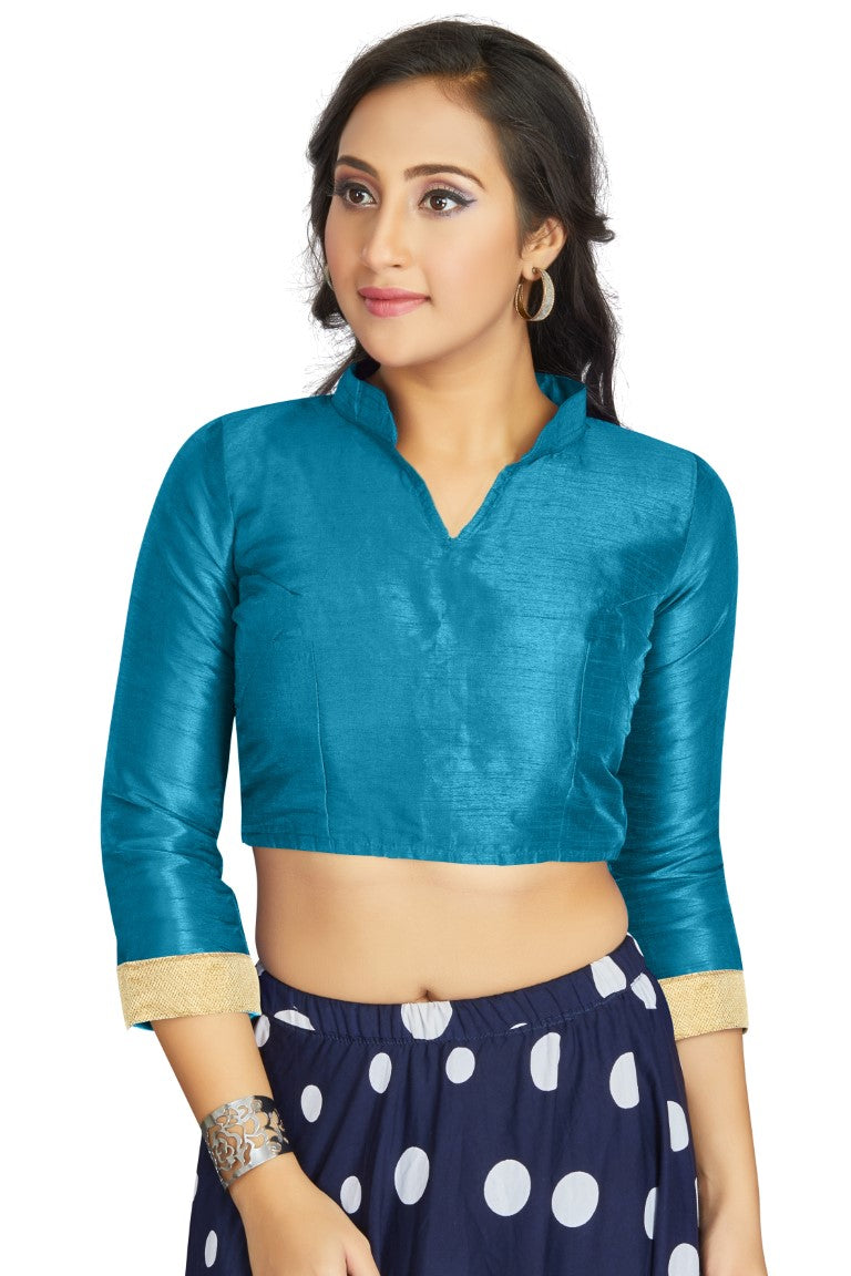 Aastha Fashion Sky Blue Art Silk V Neck Chinese Collar Matty In Sleeve Readymade Blouse - Distacart