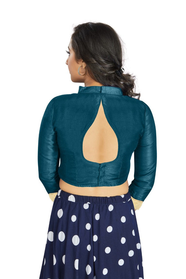 Aastha Fashion Dark Sky Art Silk V Neck Chinese Collar Matty In Sleeve Readymade Blouse - Distacart
