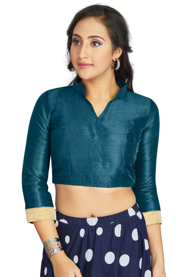 Aastha Fashion Dark Sky Art Silk V Neck Chinese Collar Matty In Sleeve Readymade Blouse - Distacart