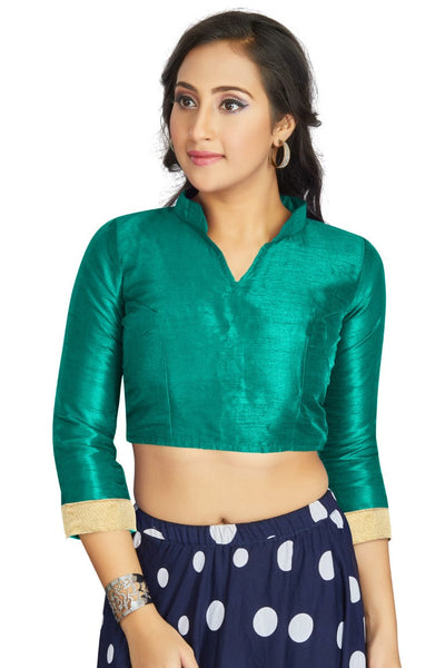 Aastha Fashion Aqu Green Art Silk V Neck Chinese Collar Matty In Sleeve Readymade Blouse - Distacart