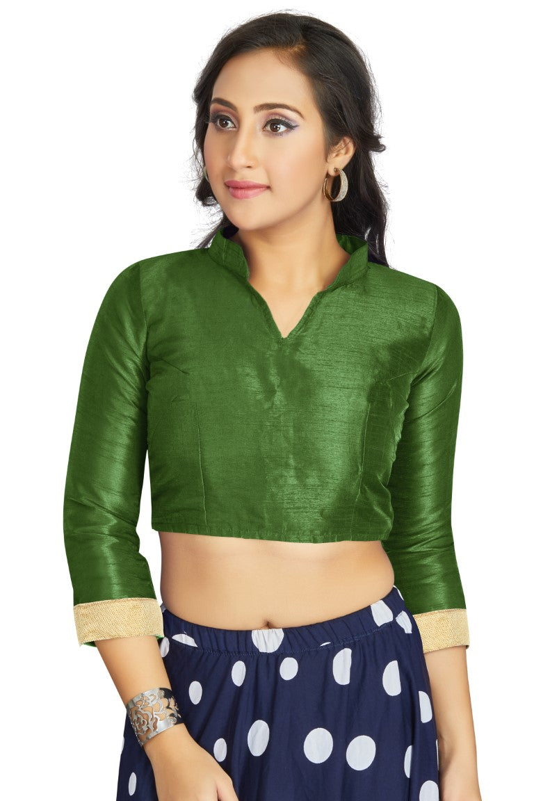 Aastha Fashion Mahendi Art Silk V Neck Chinese Collar Matty In Sleeve Readymade Blouse - Distacart