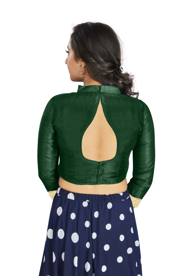 Aastha Fashion Green Art Silk V Neck Chinese Collar Matty In Sleeve Readymade Blouse - Distacart