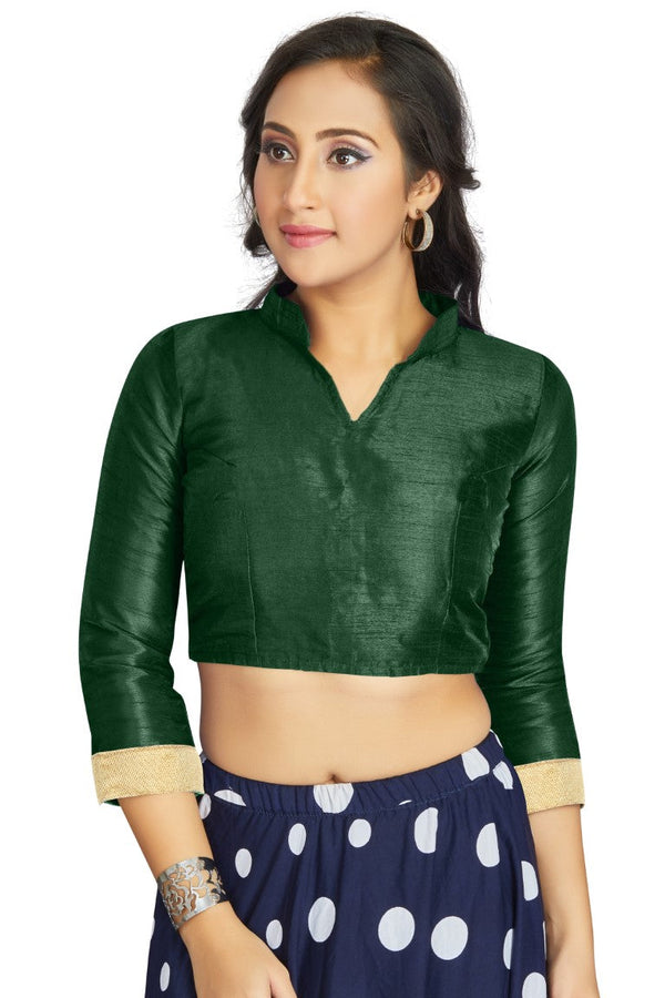 Aastha Fashion Green Art Silk V Neck Chinese Collar Matty In Sleeve Readymade Blouse - Distacart