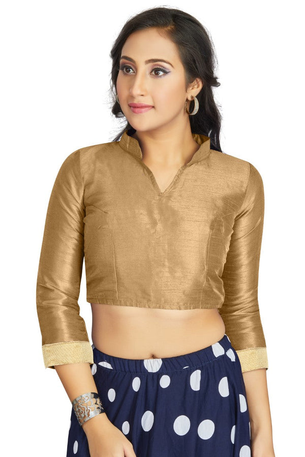Aastha Fashion Beige Art Silk V Neck Chinese Collar Matty In Sleeve Readymade Blouse - Distacart