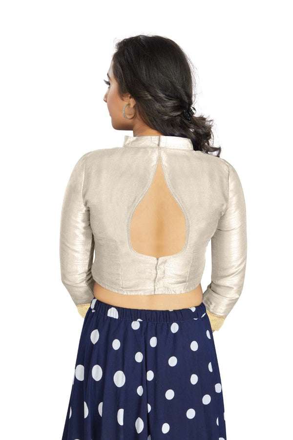 Aastha Fashion Off White Art Silk V Neck Chinese Collar Matty In Sleeve Readymade Blouse - Distacart