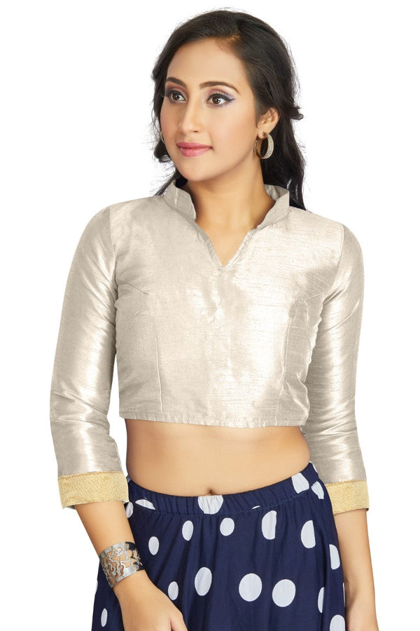Aastha Fashion Off White Art Silk V Neck Chinese Collar Matty In Sleeve Readymade Blouse - Distacart