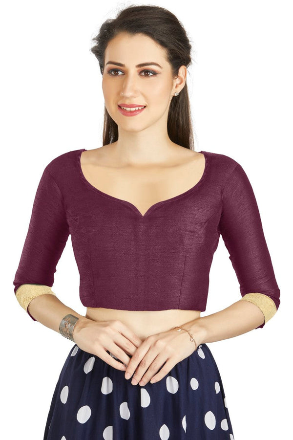 Aastha Fashion Dark Purple Art Silk Sweet Heart Neck style Matty in Sleeves Readymade Blouse - Distacart