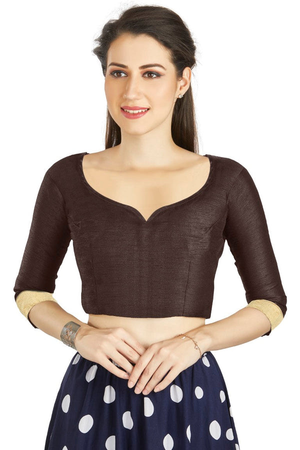 Aastha Fashion Brown Art Silk Sweet Heart Neck style Matty in Sleeves Readymade Blouse - Distacart