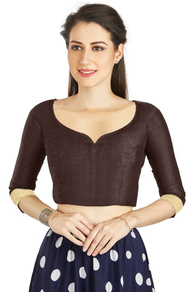 Aastha Fashion Brown Art Silk Sweet Heart Neck style Matty in Sleeves Readymade Blouse - Distacart