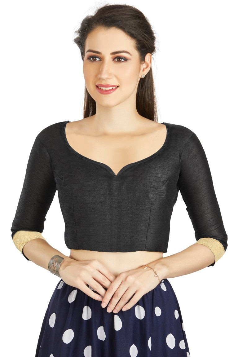 Aastha Fashion Black Art Silk Sweet Heart Neck style Matty in Sleeves Readymade Blouse - Distacart